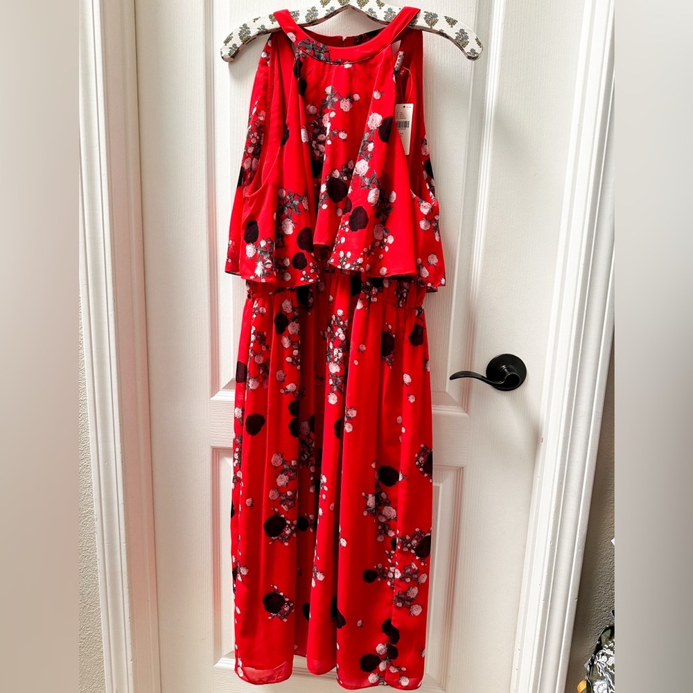 BRAND NEW Anthropologie Castania Red Polka Dot Floral Chiffon Midi Dress XL - Picture 4 of 6